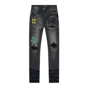 AMIRI Black Distressed Jeans with Yellow and Green Accents